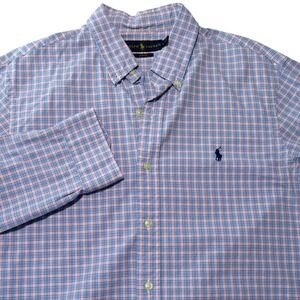 Ralph Lauren Plaid Shirt Mens Large Light Blue Pink Slim Fit Long Sleeve